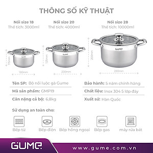 Bộ 3 Nồi GUME GMP19 Hàn Quốc- Bảo hành 5 năm hàng chính hãng