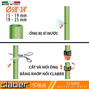 Khớp nối ống nước nhựa đa năng Claber 8620, sản xuất tại Ý, nối ống phi 15-19mm, nhựa ABS