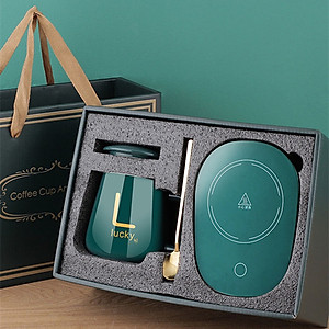 Cốc Hâm Nóng Đồ Uống Kèm Đế Điện, Bộ Ly Sứ Kèm Đế Điện Hâm Nóng Trà, Cafe, Hâm Sữa Kèm Thìa Vàng, Hộp Sang Trọng Giao Màu Ngẫu Nhiên