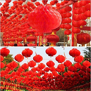 Combo 10 Lồng Đèn Đỏ Trang Trí Tết Bằng Nilon Chống Nước Mẫu Đèn Tổ Ong - Hàng Chính Hãng MINIIN