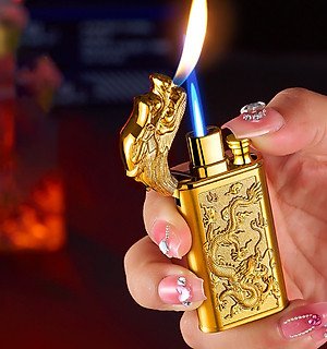 Vỏ Hột Quẹt Bật Lửa Gas 2 Chế Độ Lửa HB-784 Khắc Họa Tiết Rồng Nổi May Mắn - Nhiều Màu