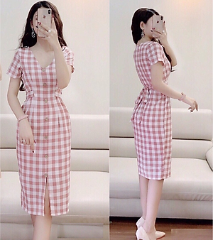 Đầm caro buộc nơ eo