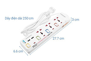 Ổ cắm điện Sunhouse 2 USB 3 lỗ 3 chấu 2.5m SHE- OC2-3RU - Hàng chính hãng