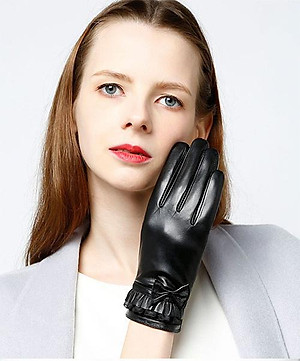 Găng tay nữ da cừu phối nơ nữ tính - BHY8714 Bao tay nữ mùa đông, lót lông, giữ ấm, cản gió, chống nước, cảm ứng điện thoại.