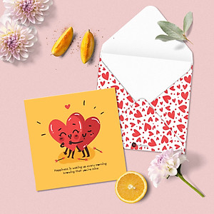 Set 5 thiệp tình yêu Valentine SDstationery Love Hearts, minh họa cặp đôi trái tim dễ thương vui nhộn, khổ vuông 12x12cm