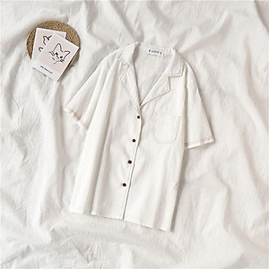 Áo sơ mi nữ thô đũi viền cổ, áo kiểu nữ cộc tay cổ vest viền chỉ freesize s21