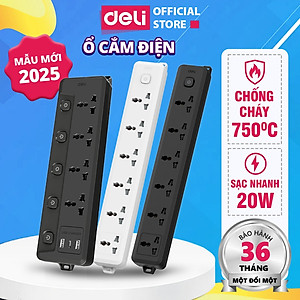 Ổ Cắm Điện Mẫu Mới 2025 Deli Ổ ĐIện Đa Năng Chống Cháy Nổ 2500W Cổng Sạc USB/ TypeC Thông Minh
