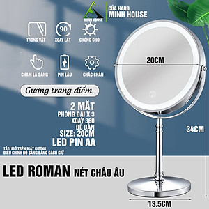 Gương trang điểm đèn LED Roman cảm ứng để bàn phóng đại 3 lần, xoay 360 độ, 2 mặt Minh House