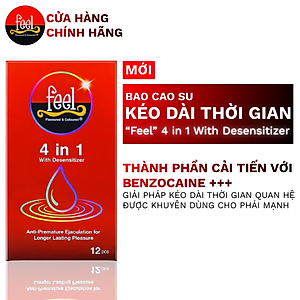 Bao cao su Feel 4 in 1 | Bao cao su kéo dài thời gian, size 52mm, hộp 12 bao