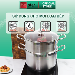 Bộ nồi xửng hấp inox cao cấp Fivestar 3 đáy từ nắp kính tặng 2 muỗng canh