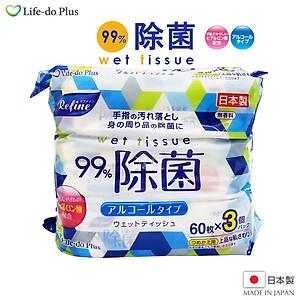 Khăn ướt khử trùng, không mùi Life-do.Plus 60 tờ x3 có cồn - nội địa Nhật Bản