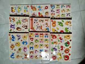 Đồ Chơi Trẻ Em - Đồ Chơi Xếp Hình - Combo 6 Bảng Núm Gỗ Cho Bé (Trái cây, Rau củ, Chữ, Số, Thú rừng, Thú biển)