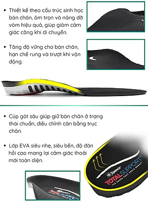 Lót giày sức khỏe Spenco Total Support Original 46-695 hỗ trợ nâng vòm, dùng cho giày thể thao, giày tây, giày lười