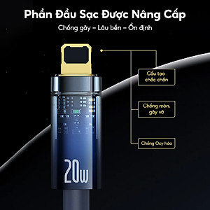 Cáp Tự Ngắt BASEUS Explorer Series Typc-C to iP Sạc Nhanh 20W, Đầu Cáp Trong Suốt Đèn LED báo Sạc Dây Bện Nylon - Hàng Chính Hãng