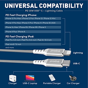 Dây sạc type C to L PROLiNK GCL_30_01 dài 1M, Sạc siêu nhanh 30W, Dành cho iPhone, iPad (MFi) - Hàng chính hãng