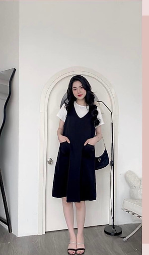 Đầm bầu công sở kẻ xanh than Azuno AZ2209 (ngắn tay)