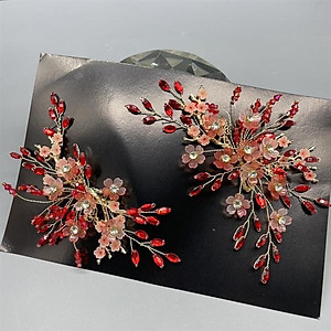 Cài tóc cô dâu hoa đỏ đính hoa nhí hồng cam