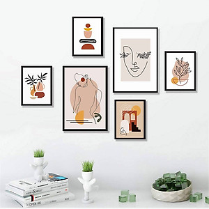 Bộ khung 06 tranh Minimalist tông màu cam nâu hiện đại treo tường, trang trí  phòng khách, phòng ngủ - Tặng set đinh treo tranh chuyên dụng và khung bo ngoài màu đen 
