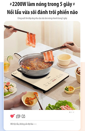 Bếp từ đơn Midea MIC 221 2200W mặt kính pha lê sang trọng, công nghệ từ trường 3D, mâm nhiệt lớn làm nóng trong 5s, cảm ứng hiện đại, có hẹn giờ, tự ngắt khi bỏ nồi, bảo vệ quá nhiệt (TẶNG NỒI LẨU) - Hàng chính hãng