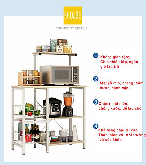 Kệ lò vi sóng đa năng 185N thương hiệu 9House kệ bếp để lò nướng nồi cơm điện kèm giá rổ để rau củ gia vị loại khung sắt dày sơn tĩnh điện chống rỉ mặt gỗ MDF lõi xanh chống ẩm bề mặt phủ melamine chống thấm cao cấp - Hàng chính hãng