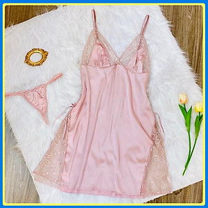 Q6 Váy ngủ lụa cao cấp  - Váy ngủ lụa phối ren xẻ tà - Đầm ngủ sexy hai dây gợi cảm- Váy ngủ nữ