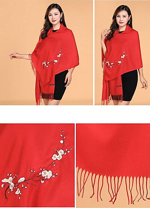 Khăn len quàng cổ nữ thêu hoa Cashmere chất len dệt mịn