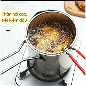 Bộ nồi chiên nhúng ngập dầu mini inox 304, gồm 3 chi tiết (nồi, rây lọc, kẹp gắp) thích hợp chiên khoai tây chiên, trụng bún, hủ tiếu. 