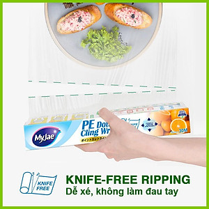 Màng bọc thực phẩm PE MyJae Đài  Loan 30cmx30m dạng xé chấm đứt bảo quản thực phẩm an toàn tiện lợi