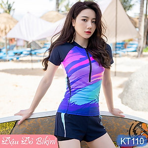 Bộ bơi nữ big size cao cấp, mẫu 2 mảnh áo cộc tay có khóa kéo trước, quần boxer trẻ trung, chất thun bơi lạnh Lycra co giãn đa chiều, dày dặn mịn mát, chống thấm nước nhanh khô | KT110