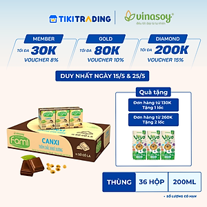 Thùng sữa đậu nành Vinasoy Fami Canxi Vị sô cô la hộp (200ml x 36 hộp)