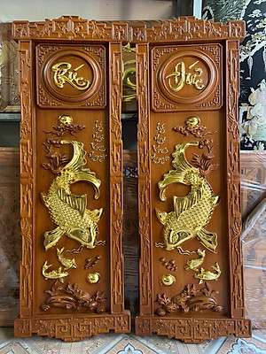 CẶP TRANH LÝ NGƯ  VỌNG NGUYỆT KHẮC CHỮ PHÚC ĐỨC BẰNG GỖ GÕ ĐỎ KT 37×117×4CM