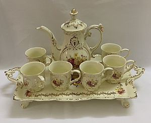 Bộ bình trà sứ phong cách hoàng gia cổ điển màu trắng ngà họa tiết hoa cúc - ANTH603