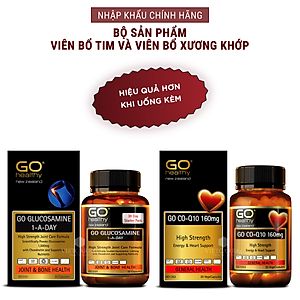 Bộ sản phẩm nhập khẩu chính hãng giúp bổ tim, giảm lão hóa tim mạch, bổ xương khớp, giảm đau nhức xương khớp gồm: Viên uống bổ xương khớp GO Glucosamine 1-A-Day 1500mg (30 viên) và viên uống tim GO CO Q10 160mg ( 30 viên)