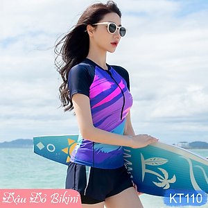Bộ bơi nữ big size cao cấp, mẫu 2 mảnh áo cộc tay có khóa kéo trước, quần boxer trẻ trung, chất thun bơi lạnh Lycra co giãn đa chiều, dày dặn mịn mát, chống thấm nước nhanh khô | KT110