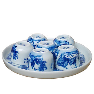 Bộ ấm chén men lam quai ngang Trúc Lâm Thất Hiền gốm sứ Bát Tràng (bộ bình uống trà, bộ bình trà)