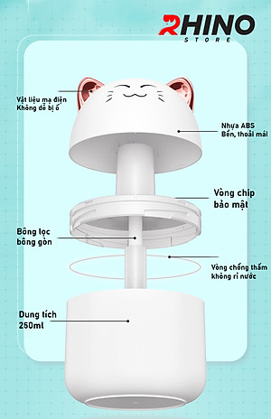 Máy phun sương tạo ẩm Rhino H903 dung tích 250ml, nhỏ gọn, không gây tiếng ồn, tích hợp đèn ngủ RGB nhiều màu - Hàng chính hãng