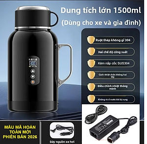 Bình Đun Nước Xe Hơi Giữ Nhiệt Dung Tích Lớn 1500ML 200W SUS304 Chế Độ Nguồn Kép 12V-24V Kèm Bộ Adapter 220V Dùng Trong Gia Đình Và Cho Xe Tải Xe Khách Đường Dài