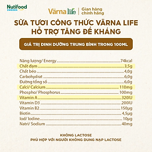 Thùng Thực phẩm bổ sung Värna Life sữa tươi công thức (Vàng) (12 hộp x 200ml)