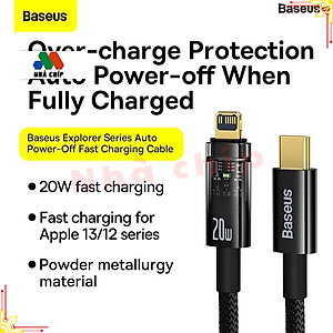 Cáp Sạc nhanh 20W tự ngắt Gen2 có đèn led báo Baseus Explorer Series cho iPhone13,12,11.....8plus/ iPad (Type C to IP Auto Power-Off, PD 20W Fast Charging Data Cable )- Hàng chính hãng