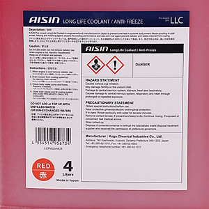 Nước Làm Mát Động Cơ Màu Đỏ AISIN Long Life Coolant 20% 4 Lít LCPM20A4LR - Nhập Khẩu Chính Hãng
