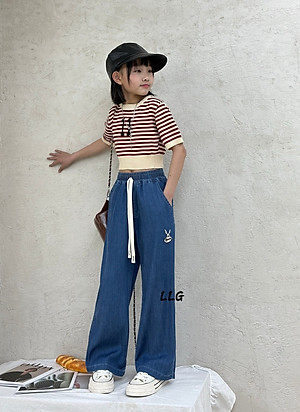 Quần bò giấy cho bé gái ồng sớ size đại 5-10 tuổi thêu thỏ và chữ Bmo vải mỏng mềm mại thời trang mặc được cả 4 mùa