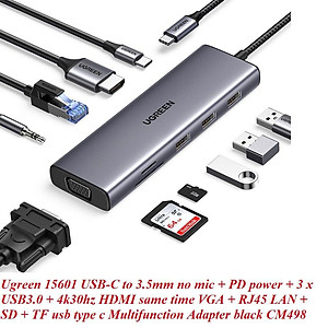 Ugreen UG15601CM498TK USB type C sang 1 x HDMI 4K30hz + 1 x VGA xuất cùng lúc + 1 x RJ45 1Gbps + TF + SD + 3 x USB 3.0 + 1 x 3.5mm NO MIC + 1 x USB-C PD 100W Bộ chuyển 10in1 - HÀNG CHÍNH HÃNG