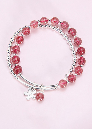 Vòng tay 2 line đá thạch anh dâu phối charm hoa bạc mệnh hỏa, thổ - Ngọc Quý Gemstones