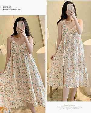 Váy 2 dây cho nữ mặc nhà vải lanh mềm mát, dáng xòe, nhiều họa tiết, freesize từ 45 đến 75 kg