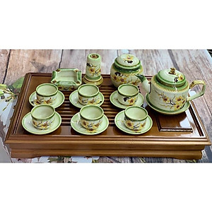 Bộ ấm trà + phụ kiện, men dong, họa tiết vẽ thủ công. Gốm sứ Bát Tràng.