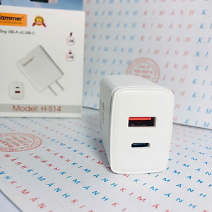 Củ sạc Ham mer H-S14, dòng điện 2.4A công suất 12W có 2 cổng (Type C và cổng USB), Check Qr hàng chính hãng