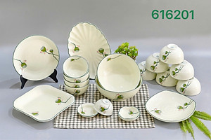 bộ bát đĩa bộ đồ ăn gốm sứ Bát Tràng cao cấp men kem hoạ tiết sen set HD001
