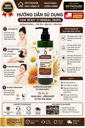 Kem dưỡng trắng da thiên nhiên độc quyền WHITENING BODY CREAM DHERBAL chai 250ml kem chống nắng toàn thân chính hãng