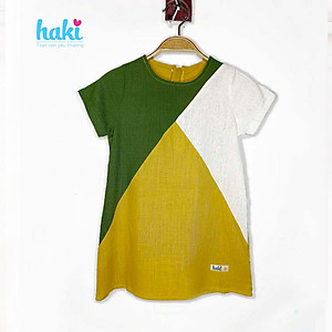 Đầm bé gái linen cộc tay phối tam giác Haki