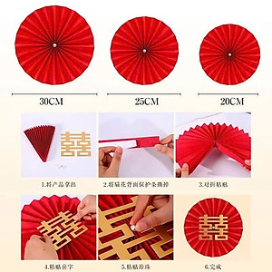Set 6 Quạt Giấy Đỏ Đính Ngọc Dán Tường Trang Trí Tết